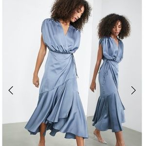 ASOS EDITION satin wrap midi dress with ruched detail in dusky blue